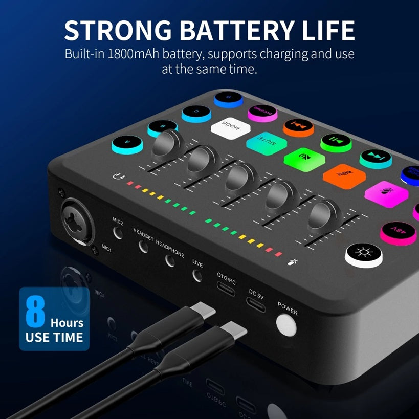 Professional audio interface for live streaming with strong battery life and multiple control knobs