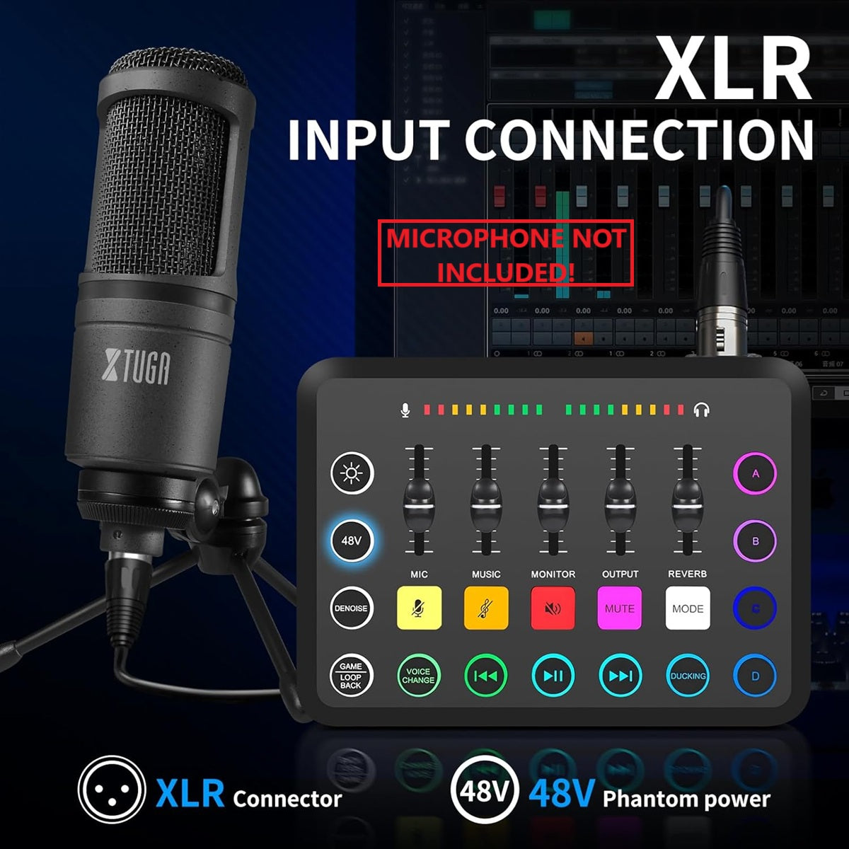 Professional audio interface for live streaming with XLR input connection and 48V phantom power
