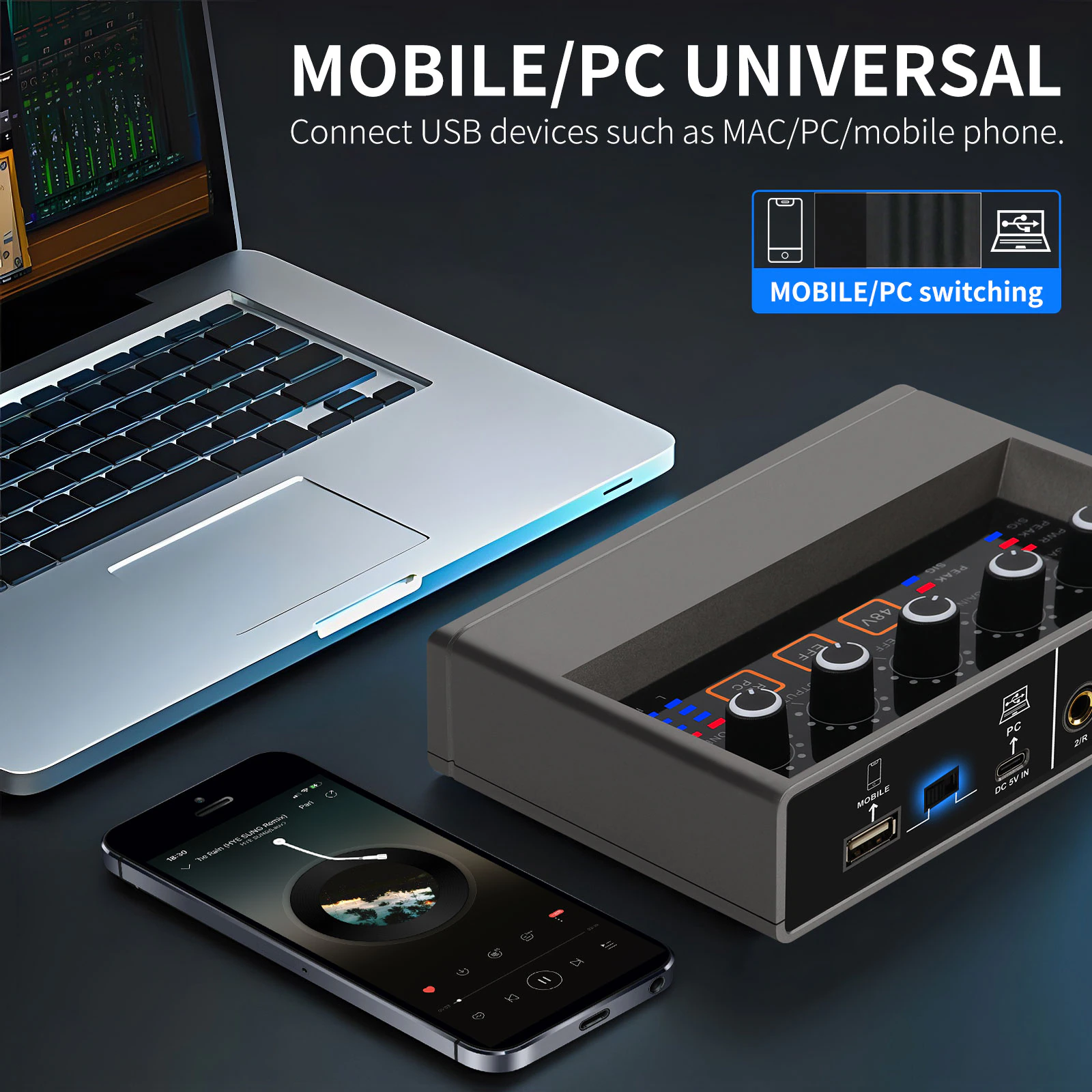 Professional audio interface with monitoring connected to a laptop and smartphone for versatile audio mixing