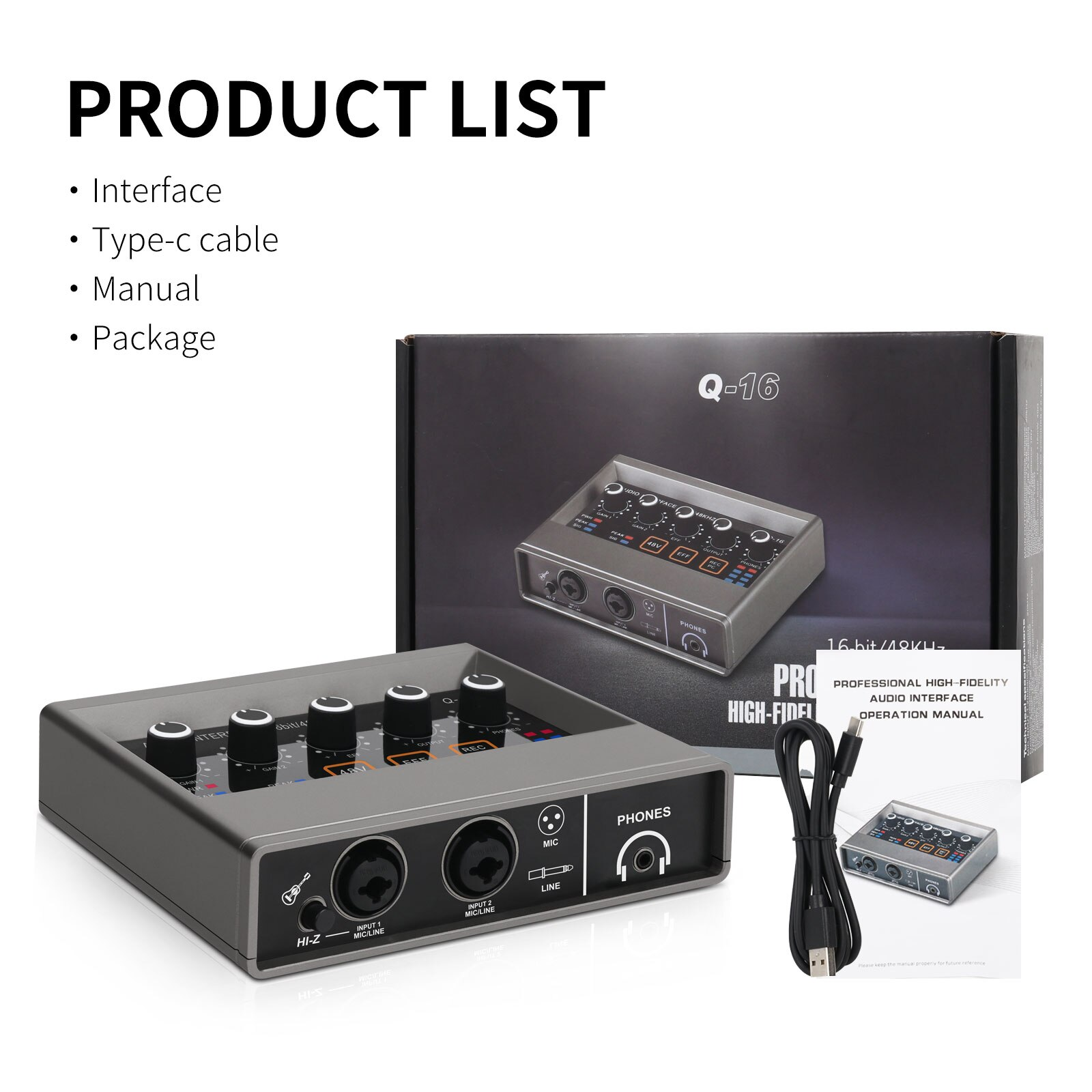 Q-16 professional audio interface with monitoring, includes USB interface, Type-C cable, and manual