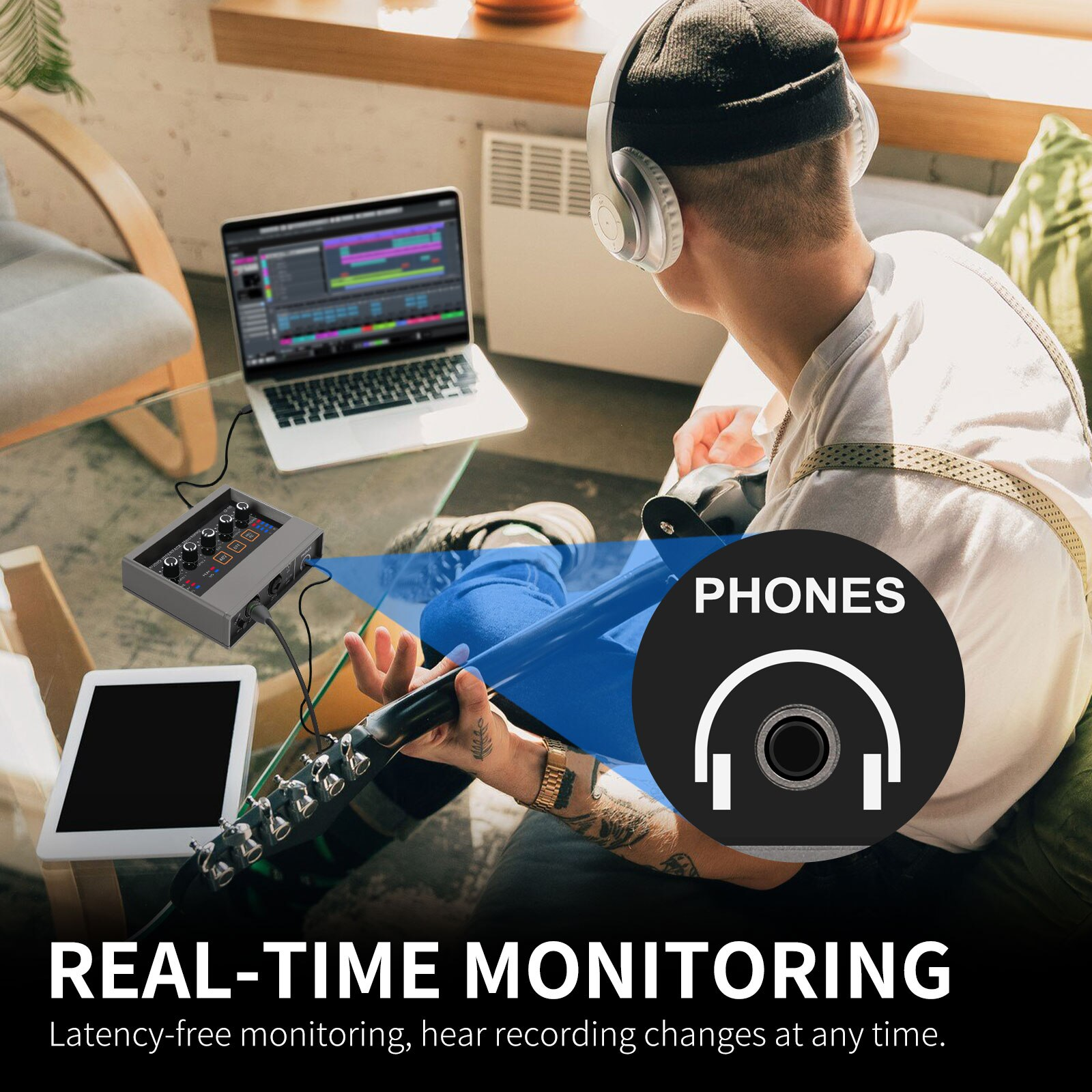 Professional audio interface with monitoring for real-time sound recording and guitar playback