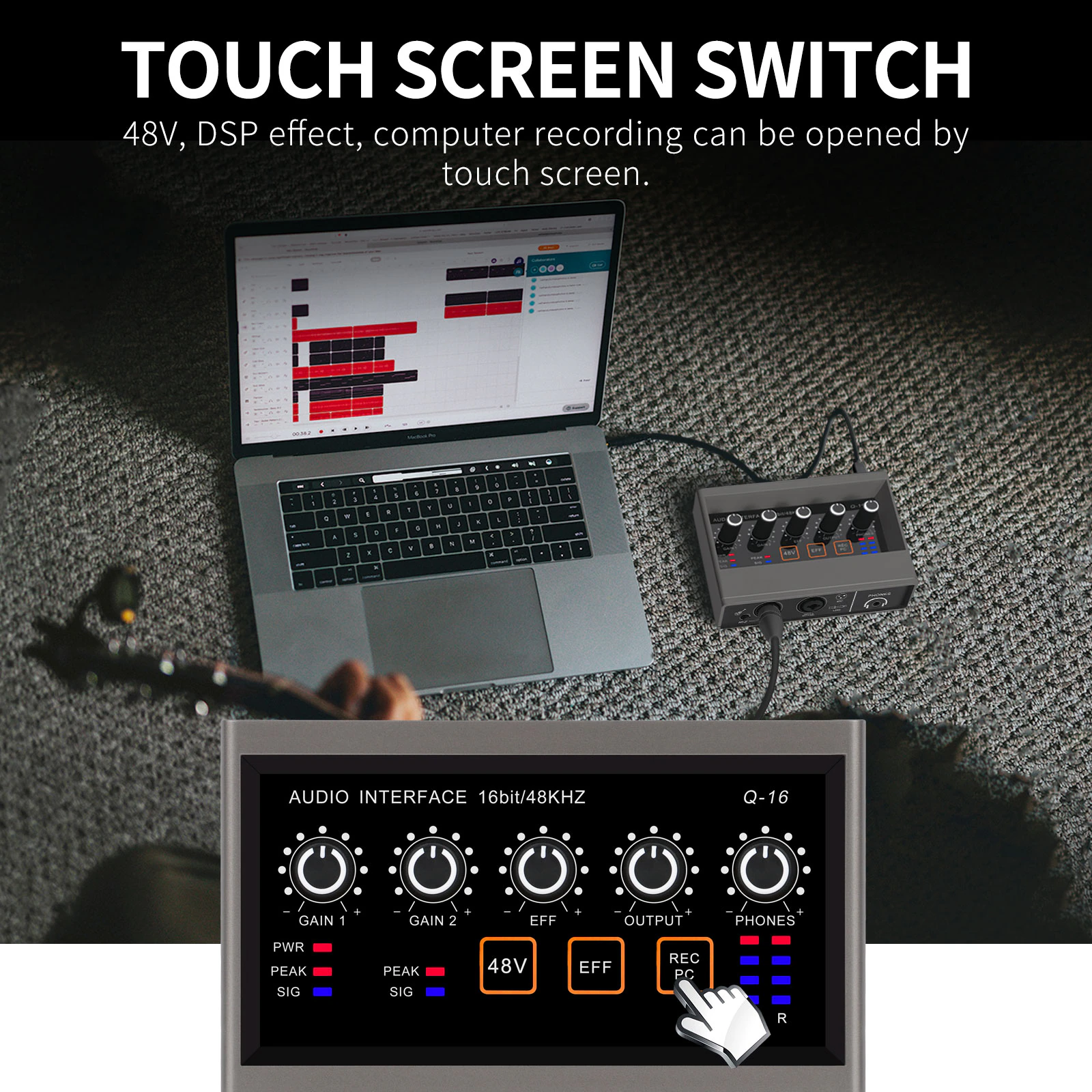Professional audio interface with monitoring and touch screen controls for seamless audio recording