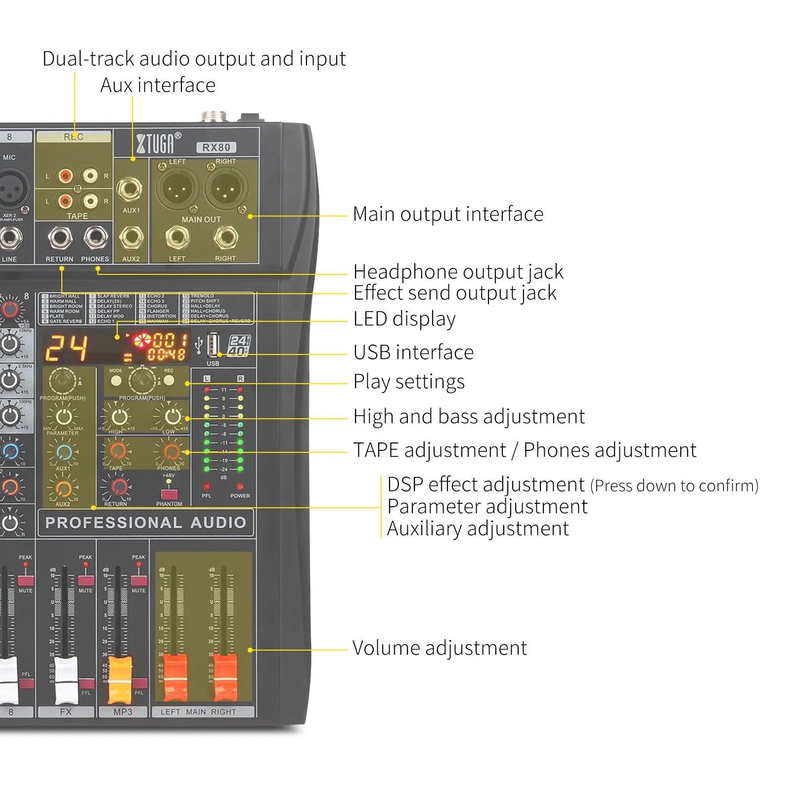 Professional digital audio mixer with Bluetooth featuring USB display and various adjustment controls