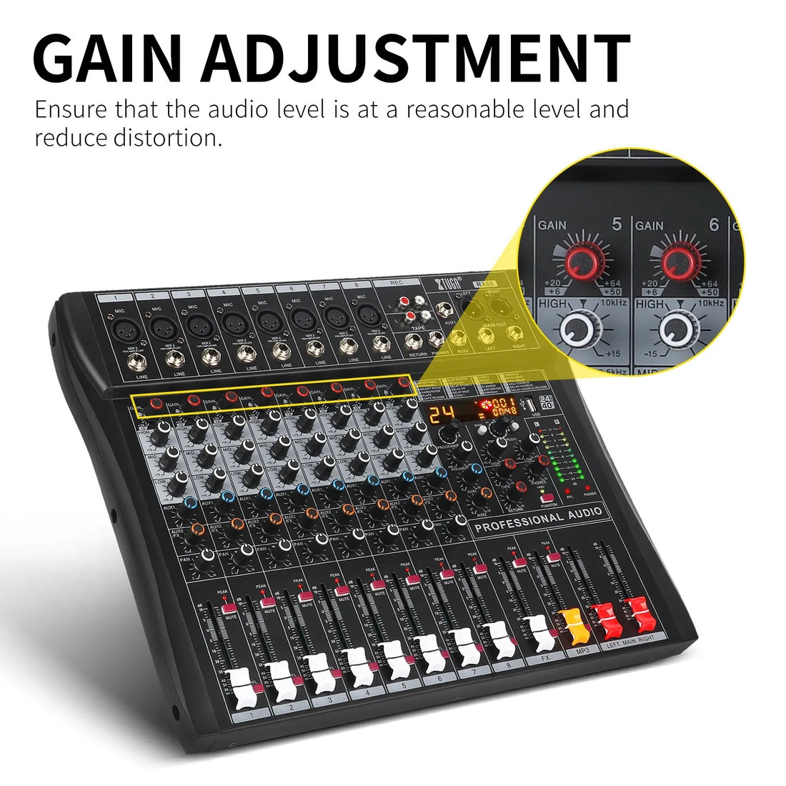 Professional digital audio mixer with Bluetooth, featuring multiple inputs and controls for optimal sound mixing
