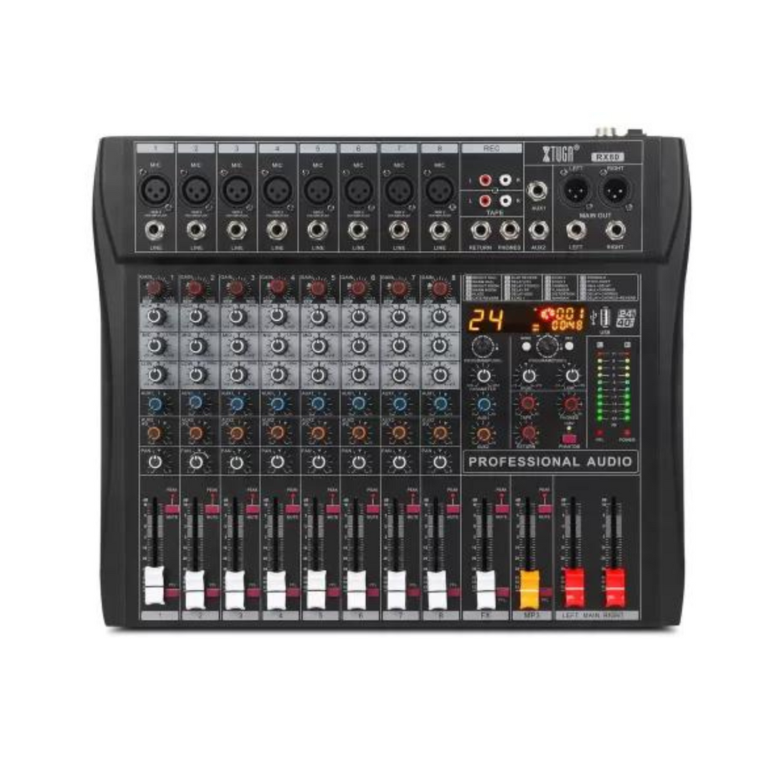 Professional digital audio mixer with Bluetooth, featuring multiple inputs and controls for optimal sound mixing