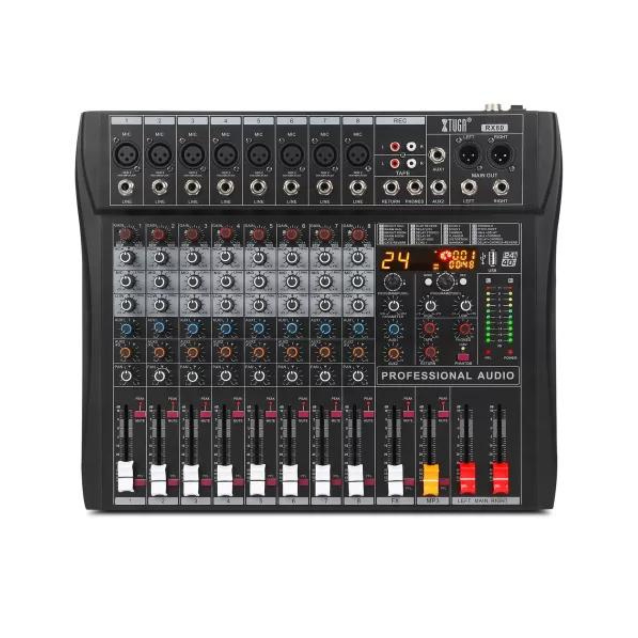 Professional digital audio mixer with Bluetooth, featuring multiple inputs and controls for optimal sound mixing