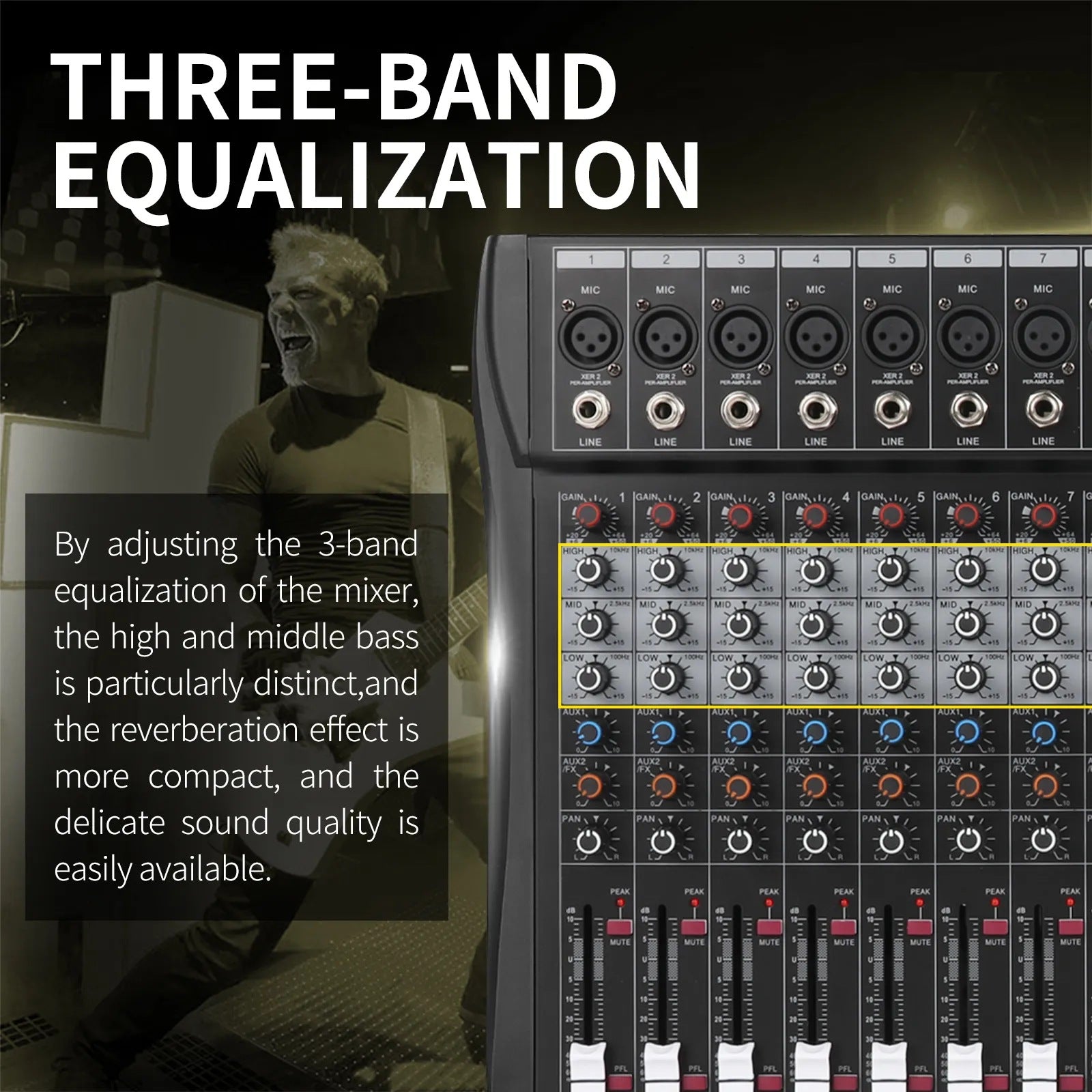 Professional digital audio mixer with Bluetooth featuring three-band equalization for enhanced sound quality
