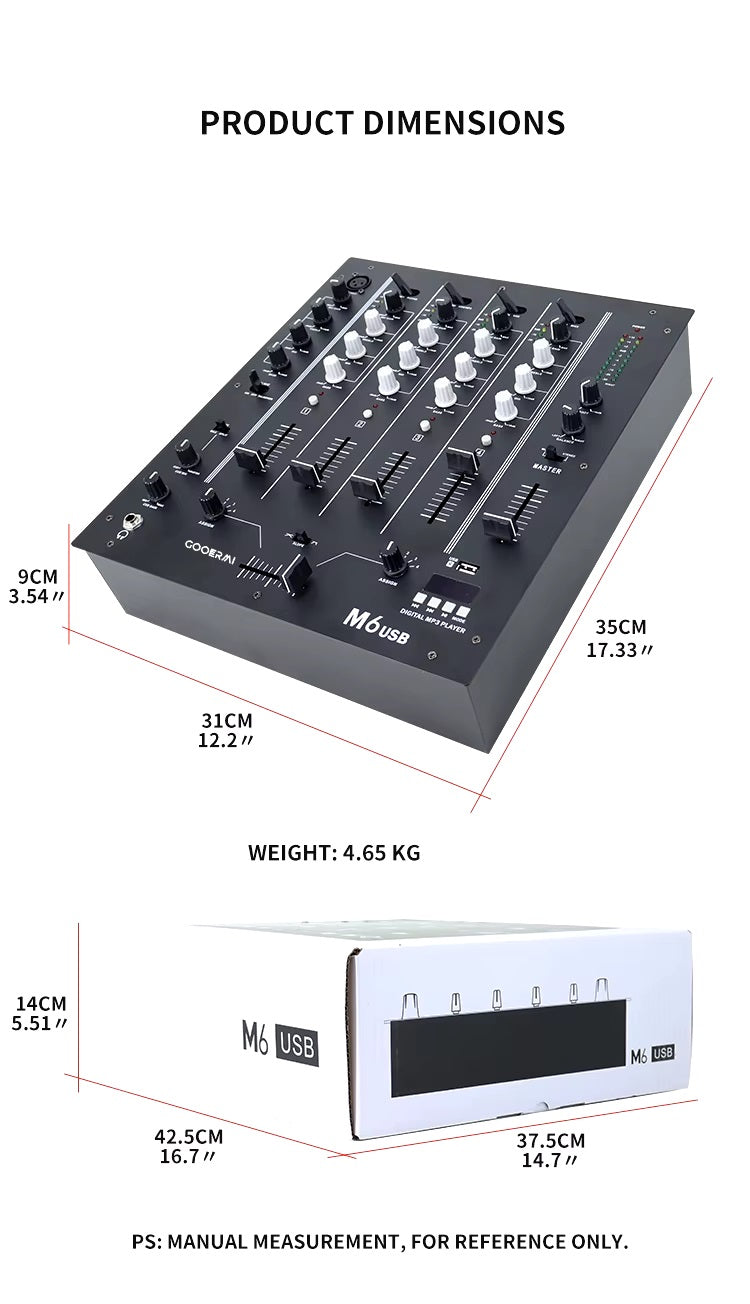 M6 USB professional DJ sound controller with multiple channels and adjustable features