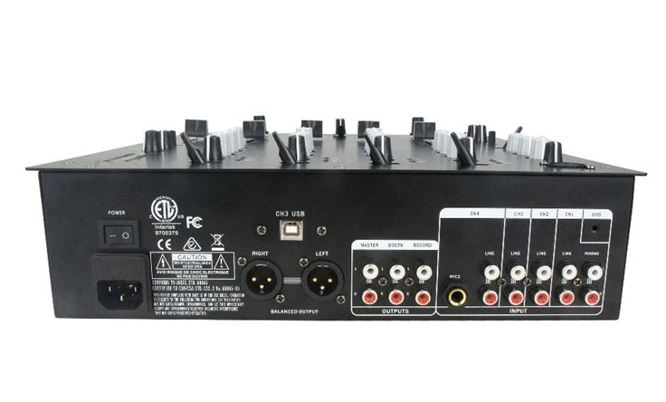 Professional DJ sound controller with multiple input and output ports for enhanced audio mixing
