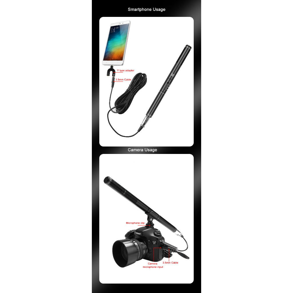 Professional handheld interview microphone with smartphone and camera usage features