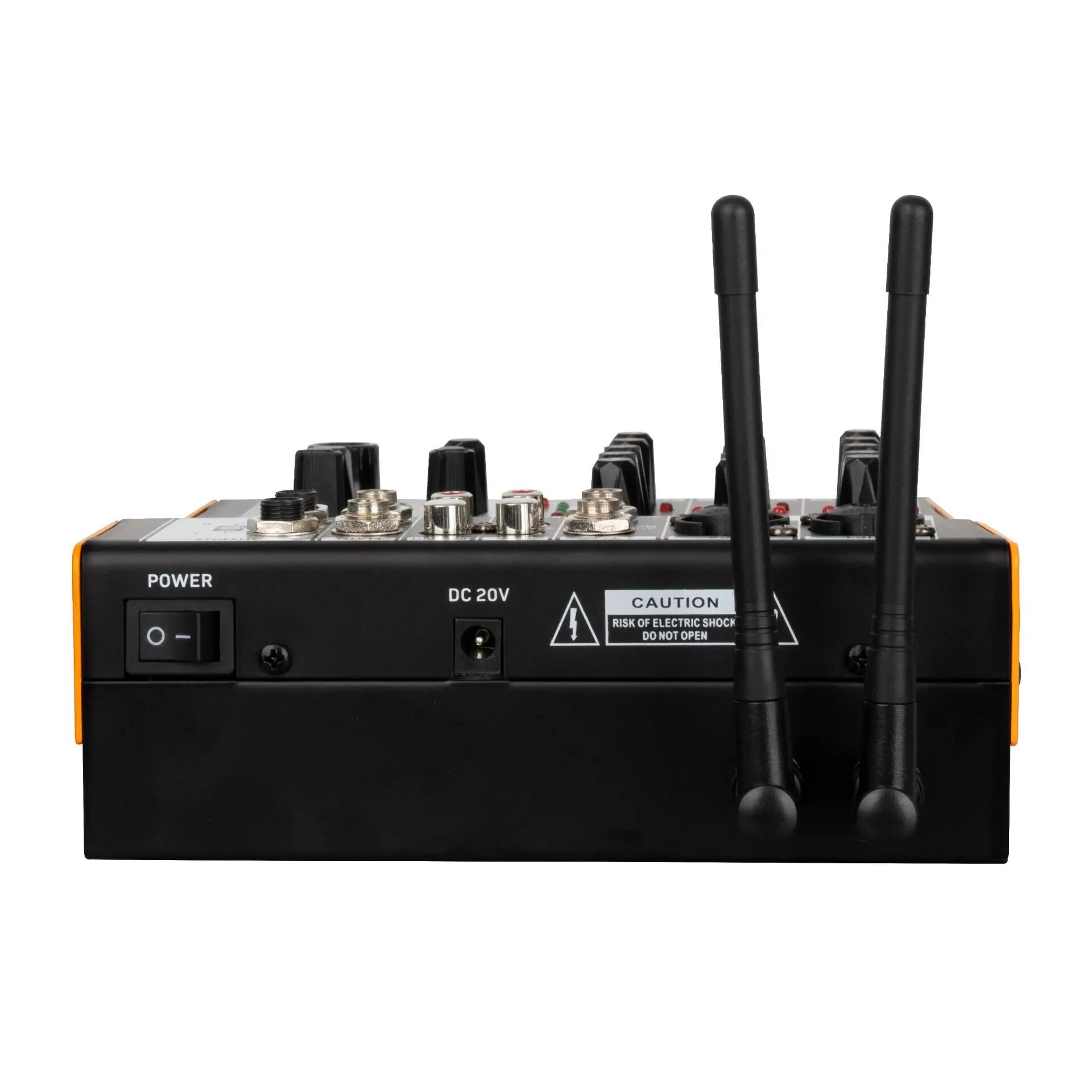 6 channel power amplifier mixer with dual antennas and wireless microphone inputs for powerful audio mixing