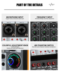 6 channel power amplifier mixer with colorful adjustment knobs and microphone inputs for versatile audio control