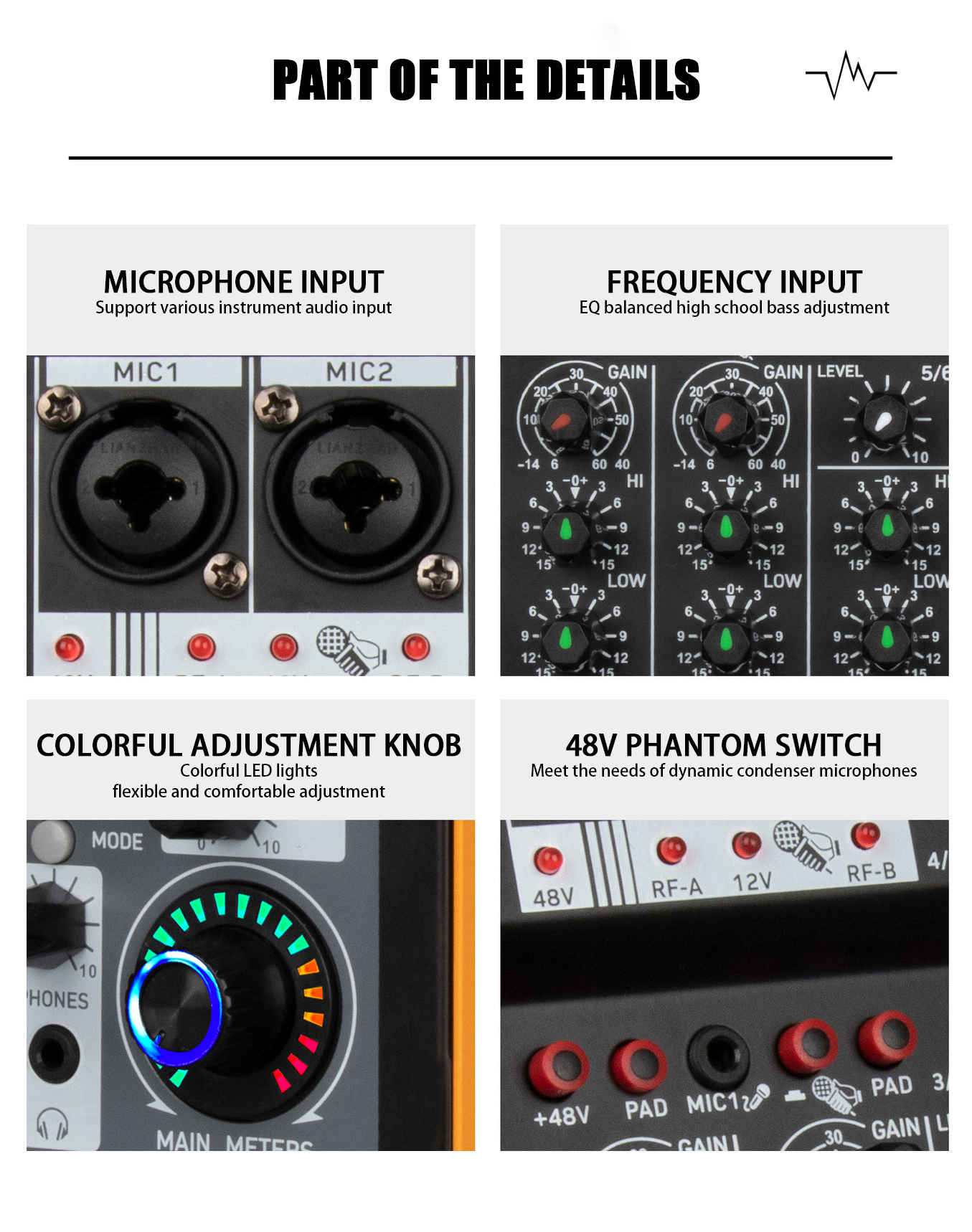 6 channel power amplifier mixer with colorful adjustment knobs and microphone inputs for versatile audio control