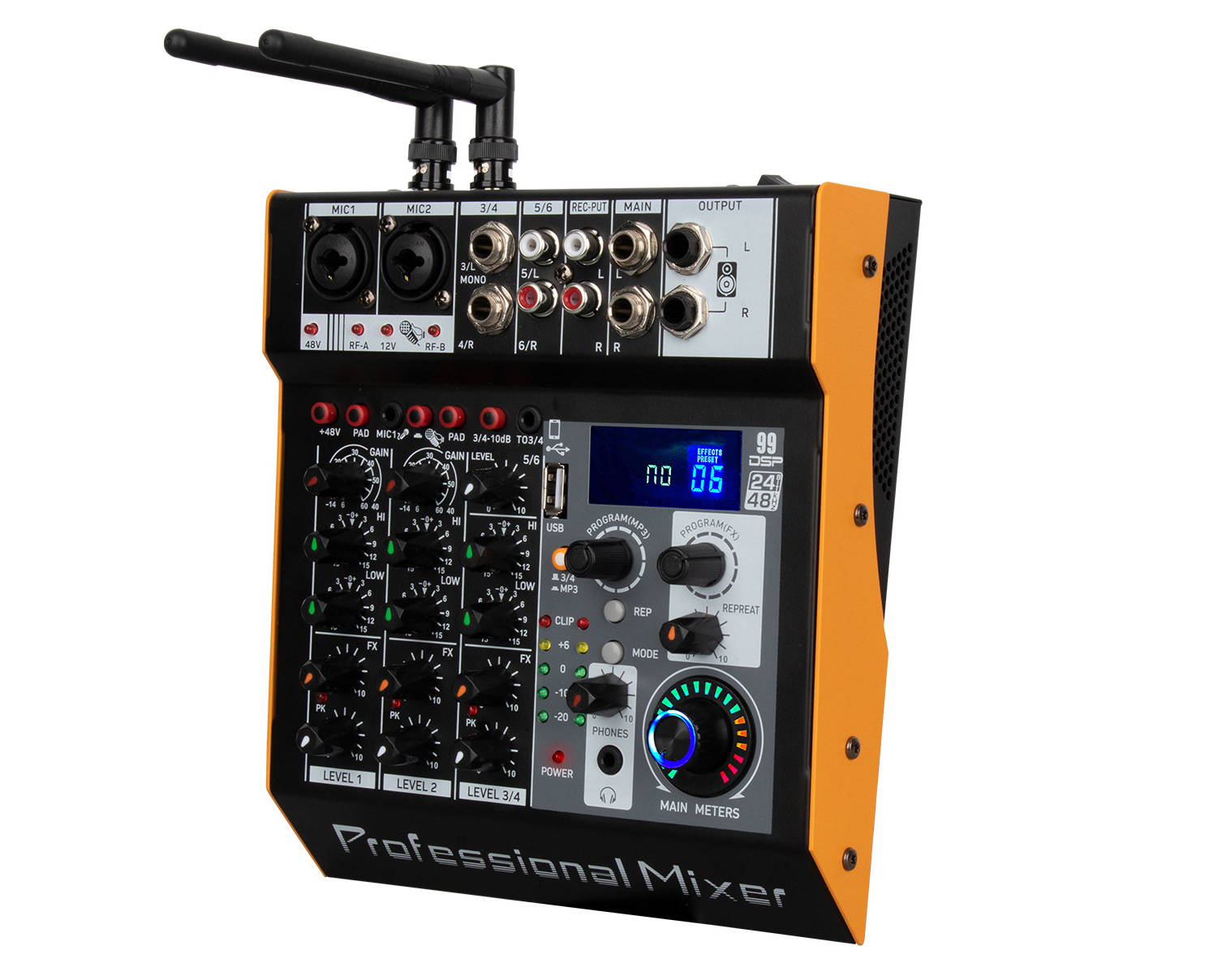 6 channel power amplifier mixer with two handheld wireless microphones for live sound performance