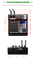 6 channel power amplifier mixer with two handheld wireless microphones for professional audio mixing