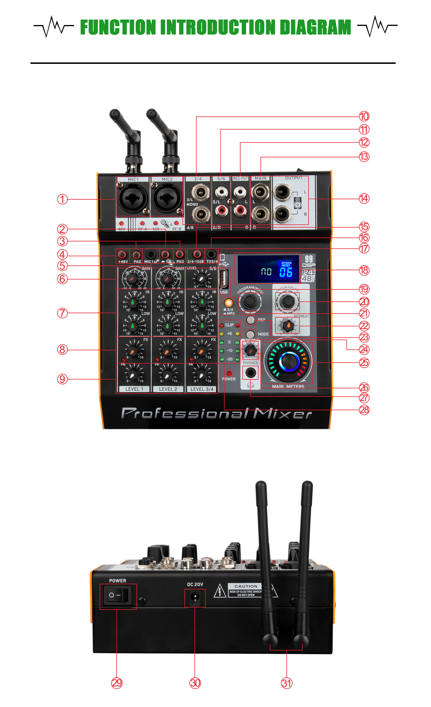 6 channel power amplifier mixer with two handheld wireless microphones for professional audio mixing