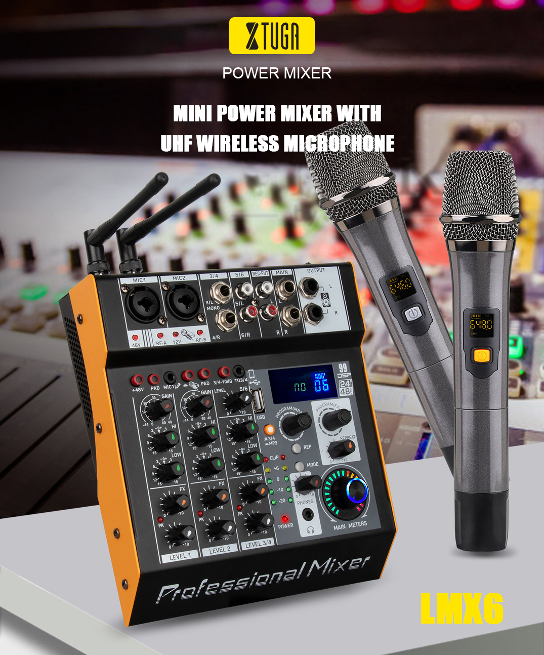 6 channel power amplifier mixer with 2 handheld wireless microphones for live performances and events