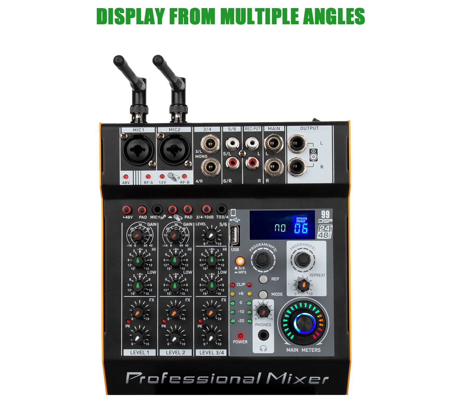 6 channel power amplifier mixer with 2 handheld wireless microphones and various input options