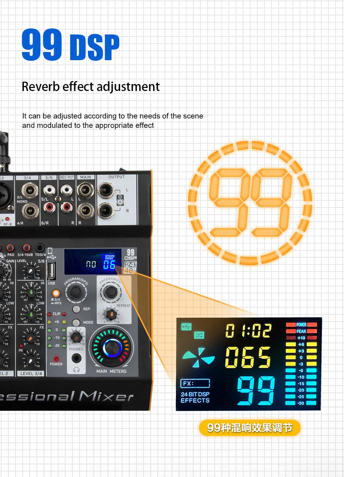 6 channel power amplifier mixer with 2 handheld wireless microphones and DSP reverb effect control