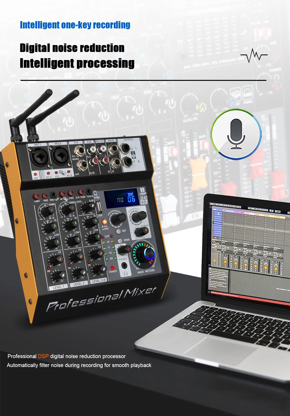 6 channel power amplifier mixer with two handheld wireless microphones for clear audio performance