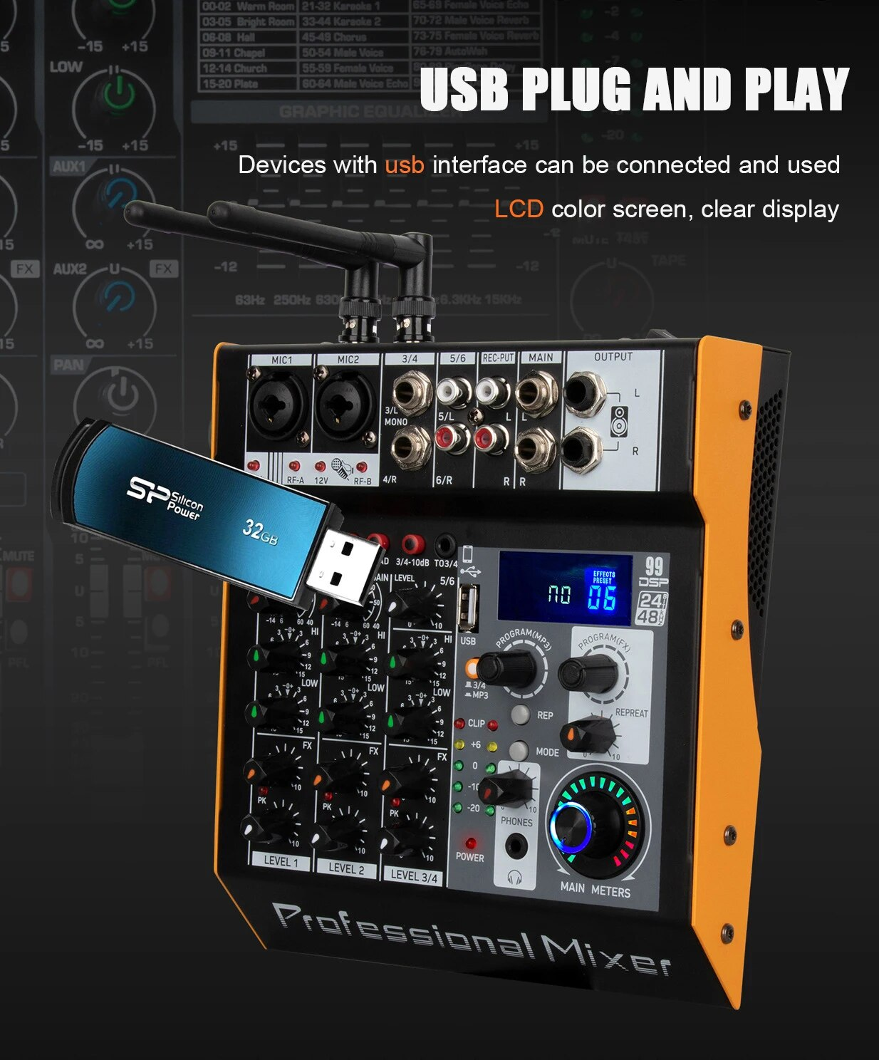 6 channel power amplifier mixer with USB plug and play, featuring two handheld wireless microphones and clear LCD display
