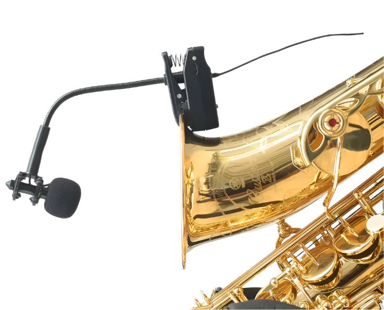 Professional saxophone mic for live performance attached to a shiny saxophone bell