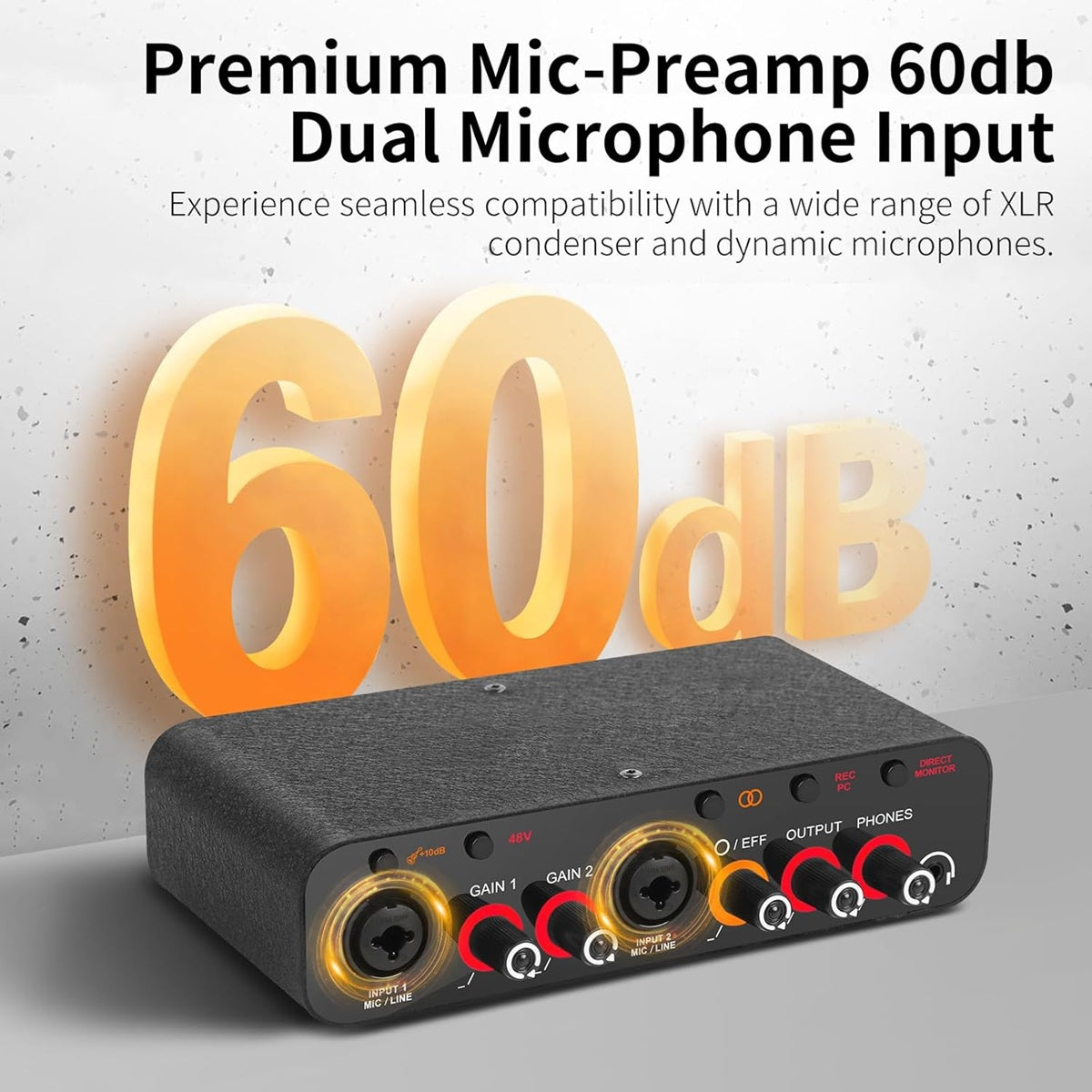 Professional USB audio interface with dual microphone input and 60dB preamp for high-quality sound recording