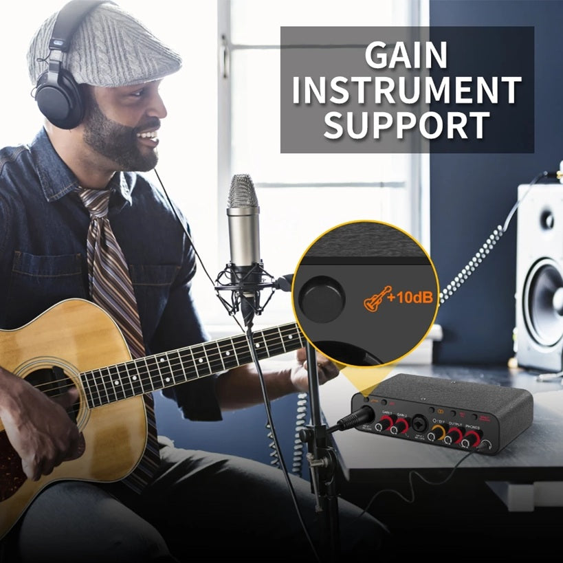 Professional USB audio interface with gain support, ideal for musicians and recording artists
