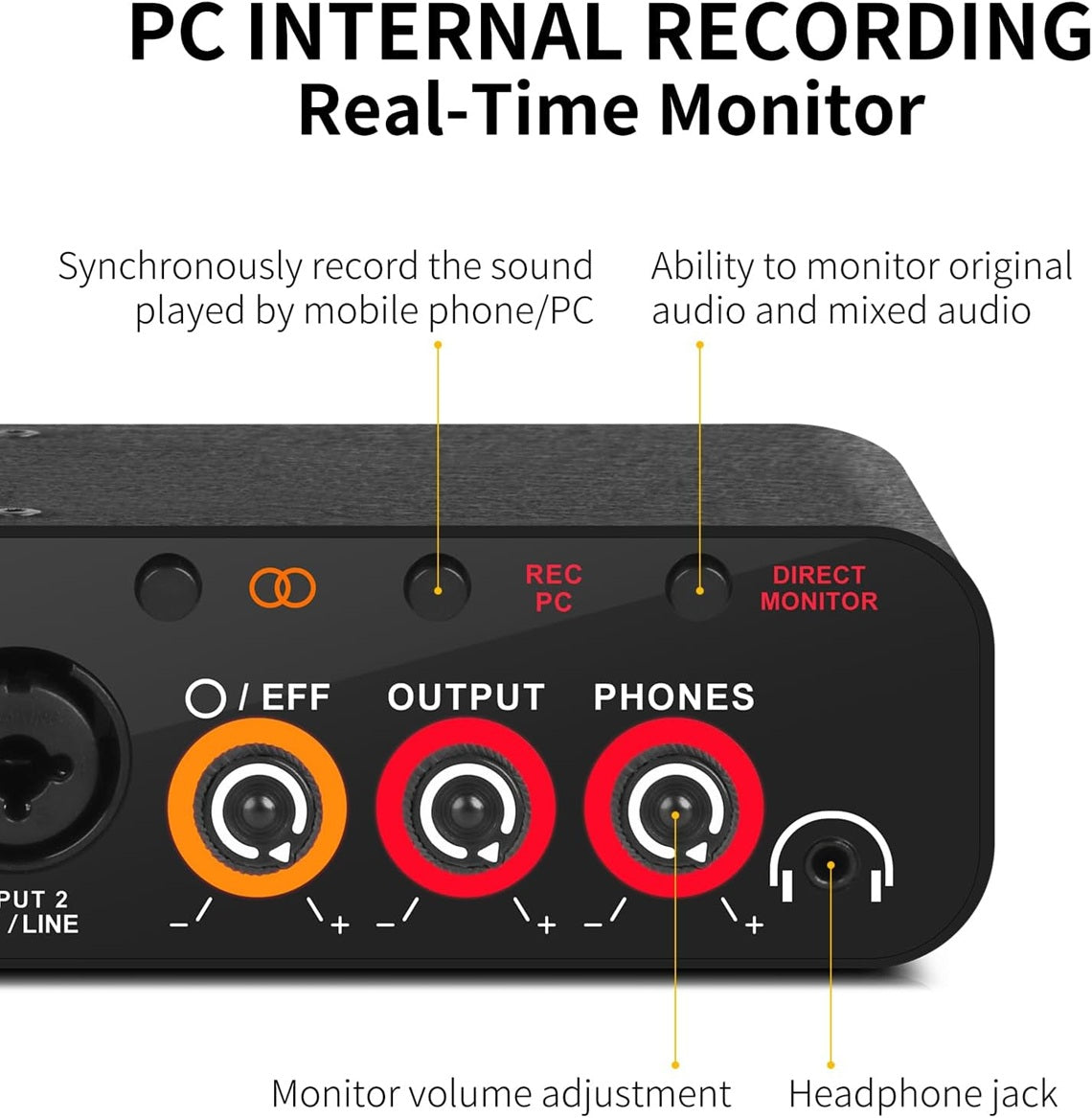 Professional USB audio interface with real-time monitoring and recording controls