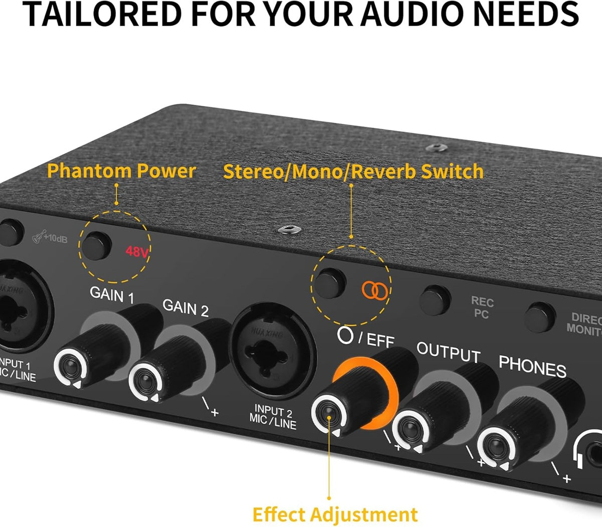 Professional USB audio interface with gain controls, phantom power, and stereo/mono switch features