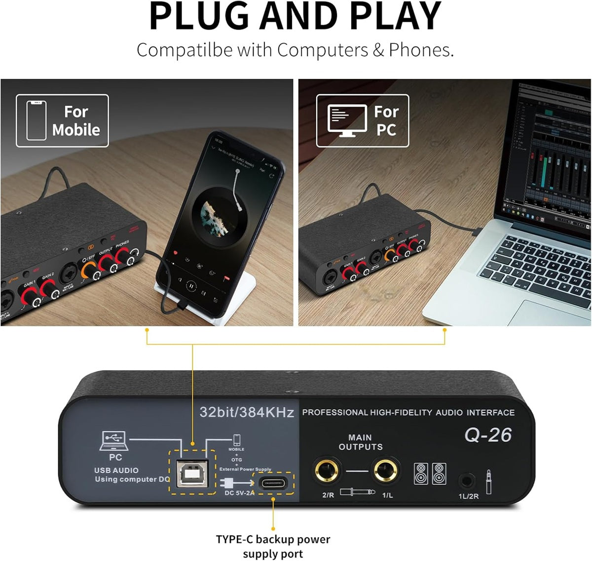 Q-26 Professional USB audio interface with multiple inputs for seamless connectivity and high-fidelity sound
