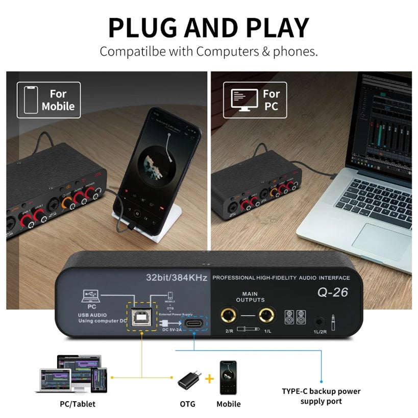 Professional USB audio interface with dual gain controls and multiple input options