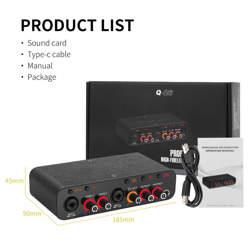 Professional USB audio interface with inputs, outputs, and included accessories for audio production