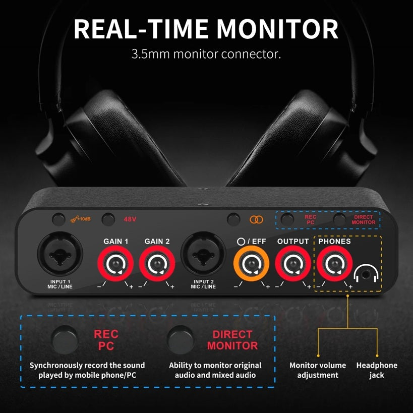 Professional USB audio interface with real-time monitor and headphone jack options