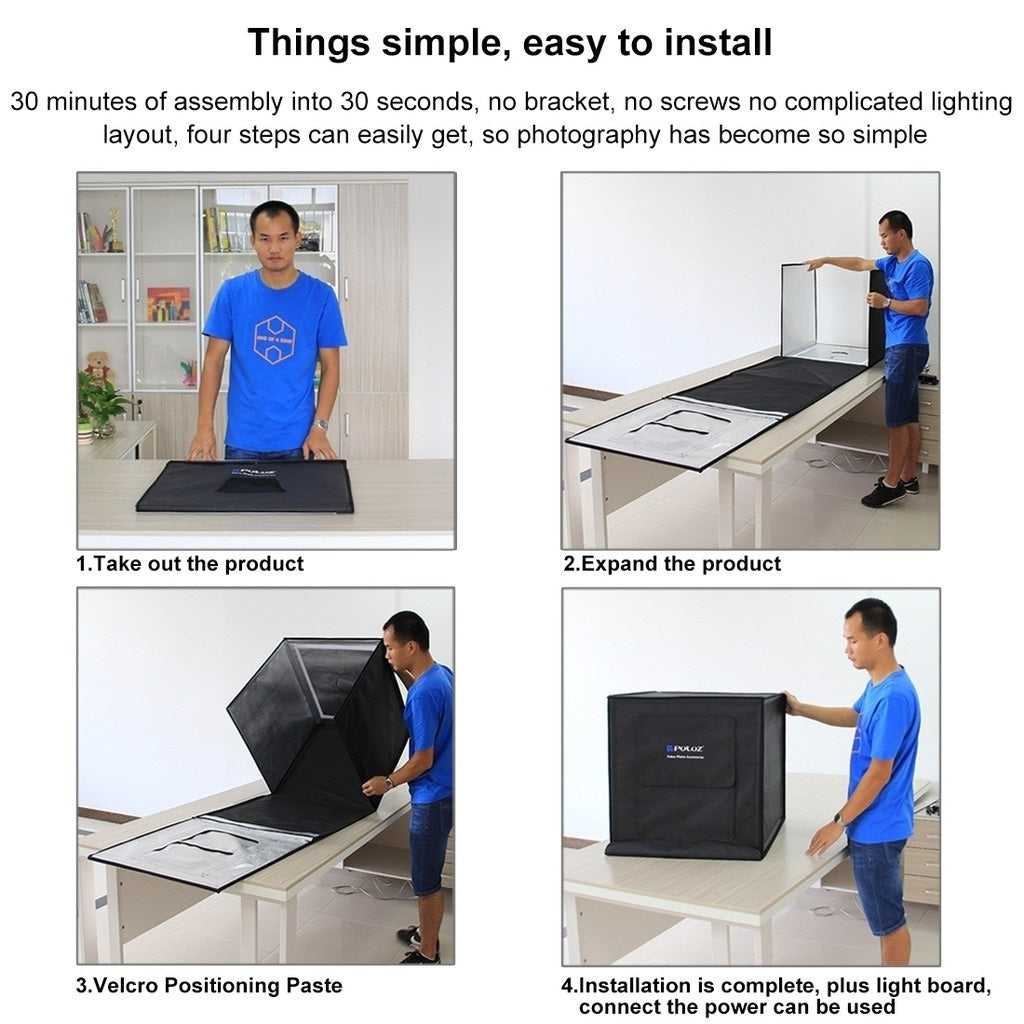 40cm 60cm Photography Light Tent showing easy assembly steps with a user demonstrating setup