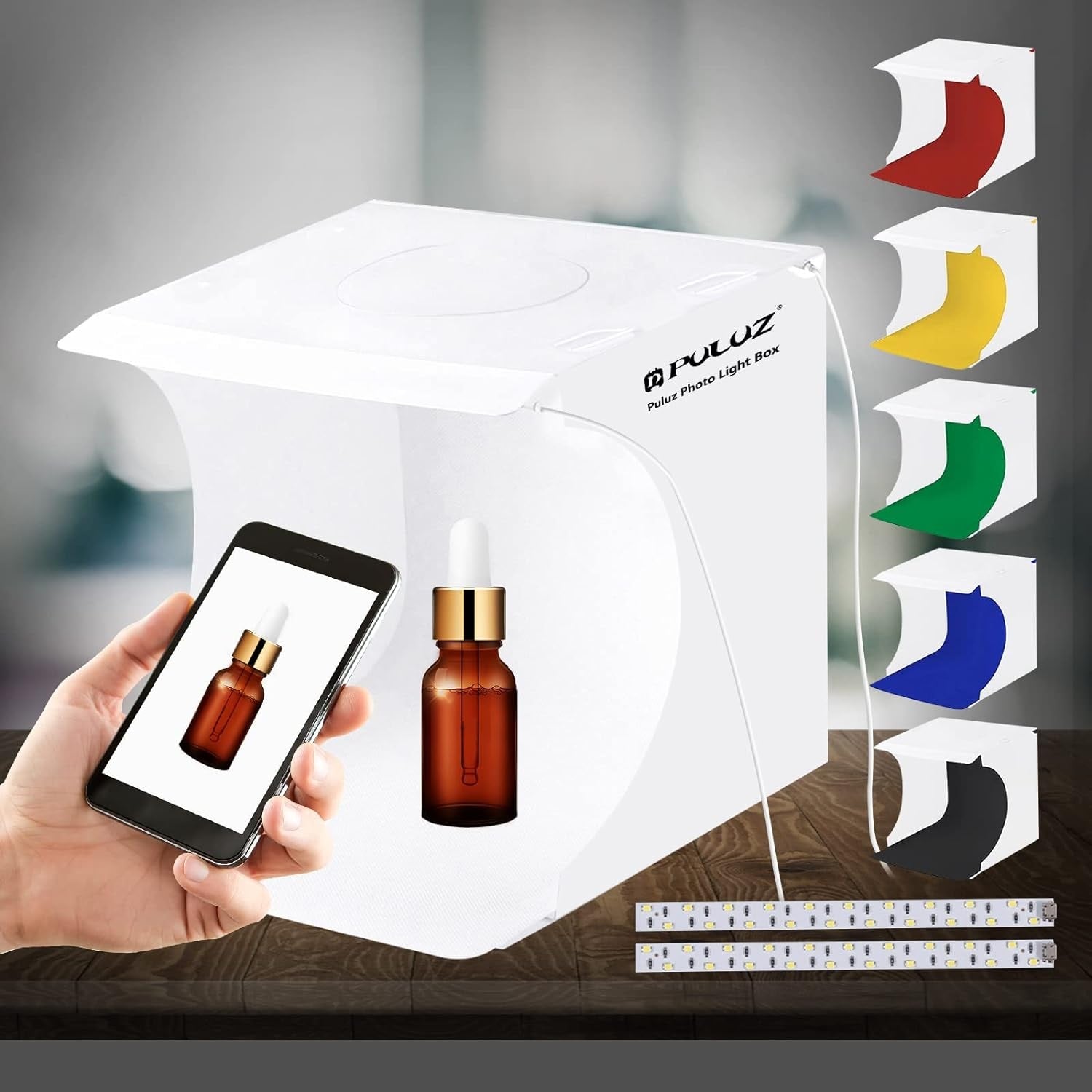 LED Photo box for product photography with adjustable colored backdrops and smartphone snapshot demonstration