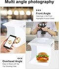 Mini Photography Box with LED light for product photography showing overhead and front angles