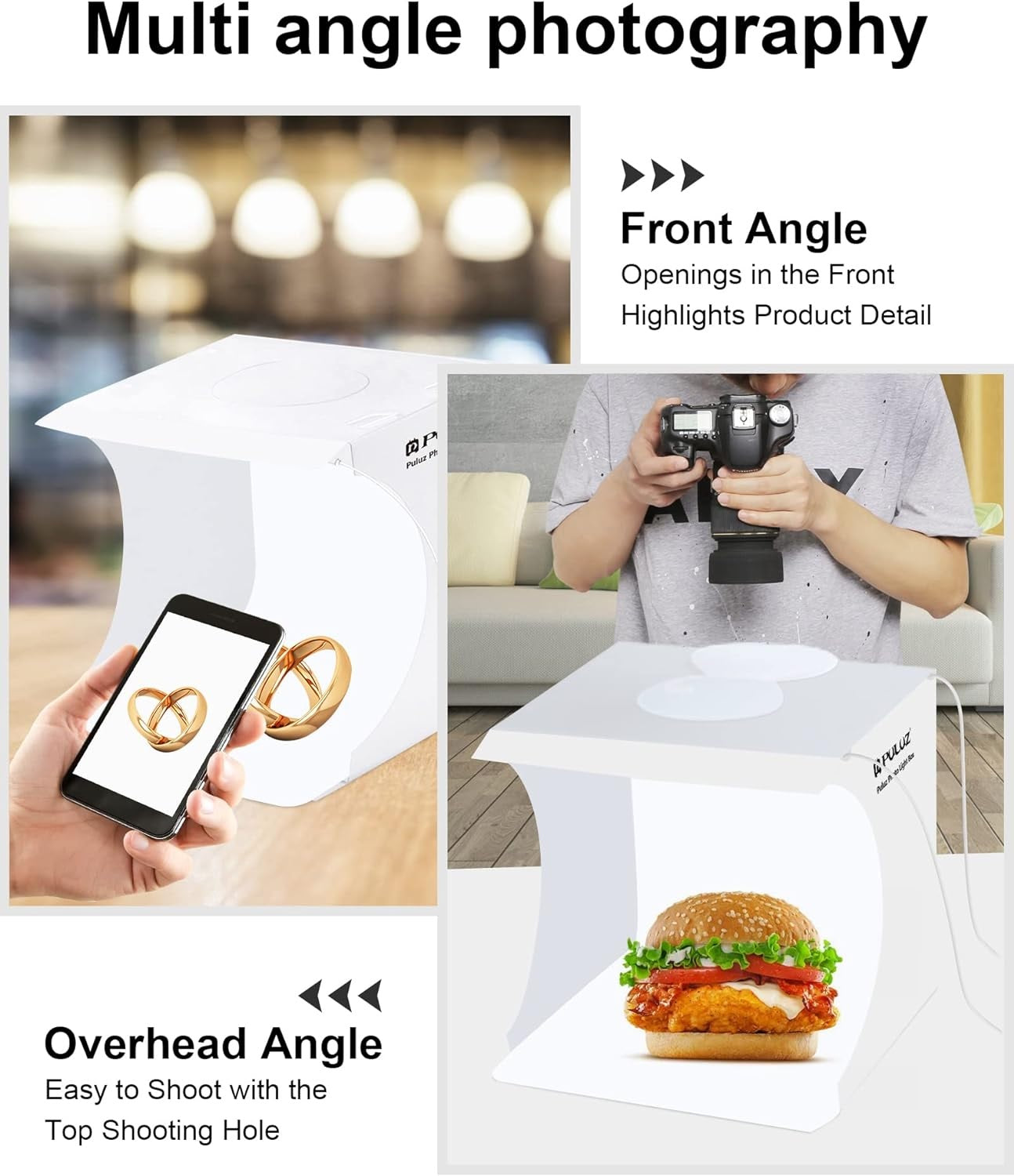 Mini Photography Box with LED light for product photography showing overhead and front angles