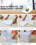 LED Photo box for product photography with easy installation steps displayed