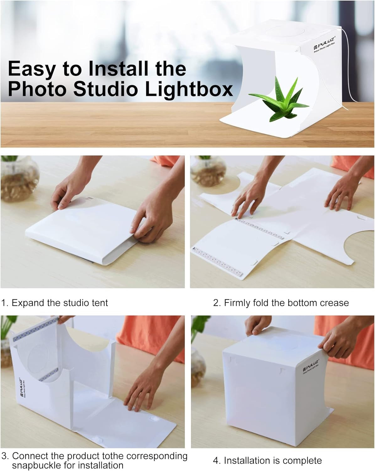 LED Photo box for product photography with easy installation steps displayed