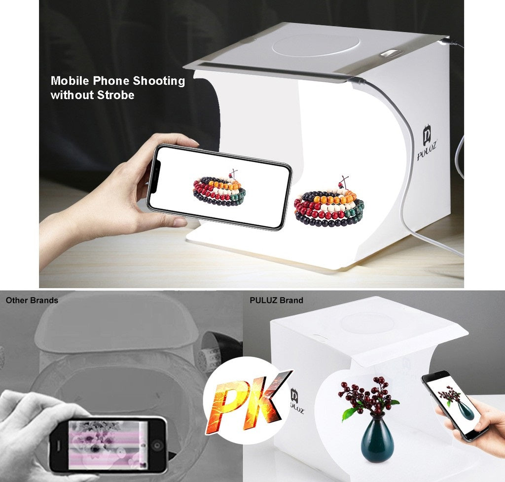 Portable LED Photo box for product photography with smartphone in use for perfect lighting