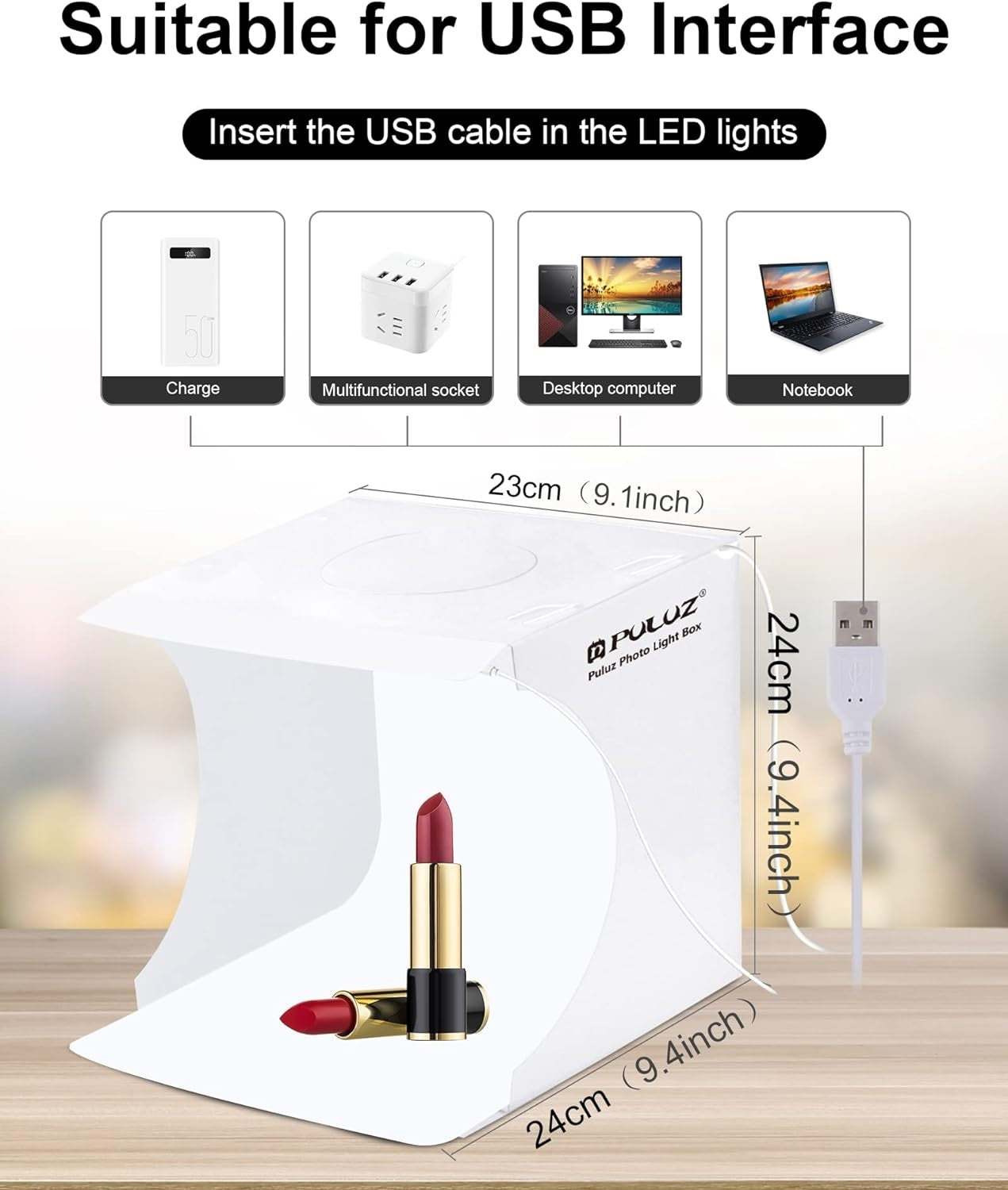 Compact LED photo box for product photography with USB interface and adjustable lighting