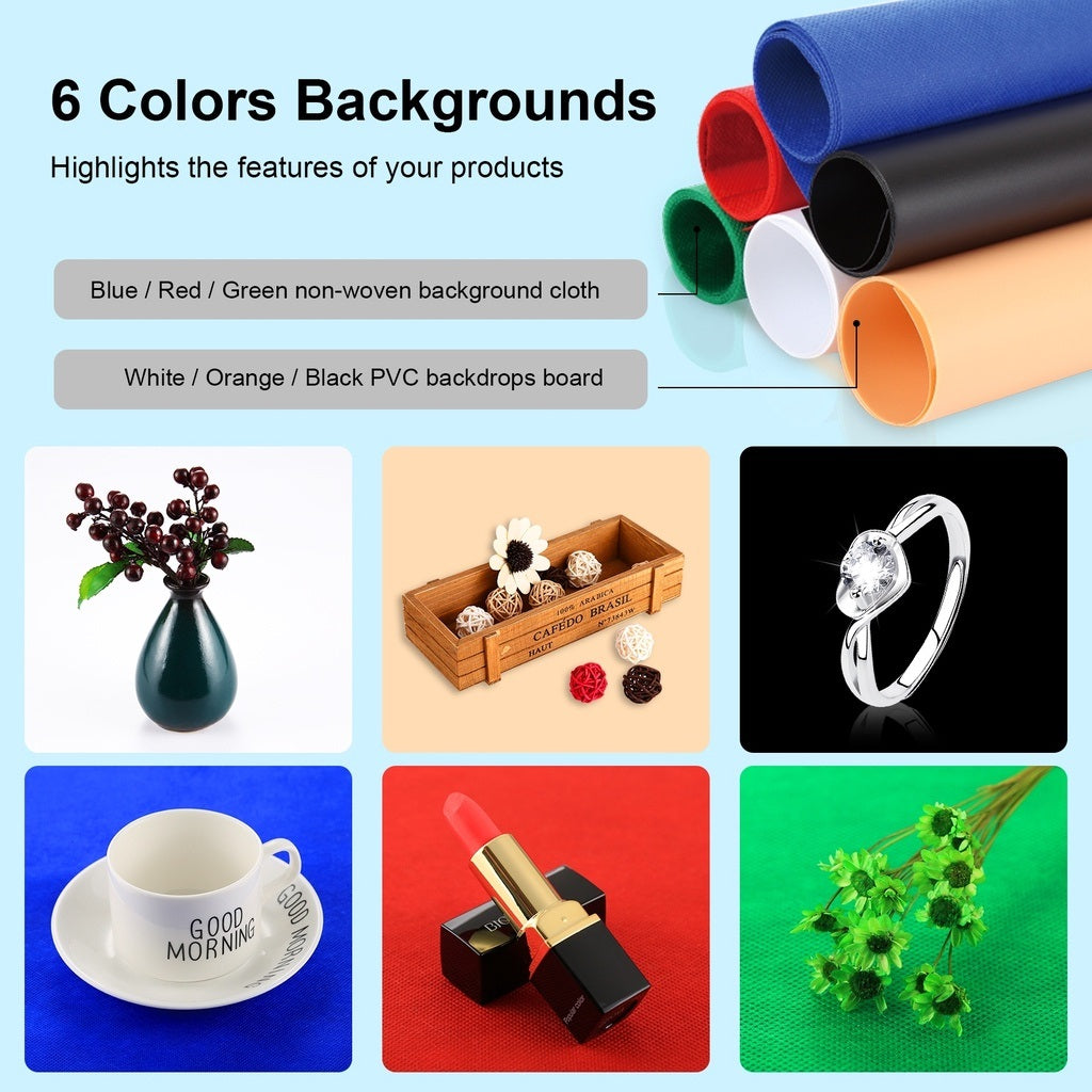 Folding Portable Ring Light with 6 Color Backdrops for a portable photo studio box