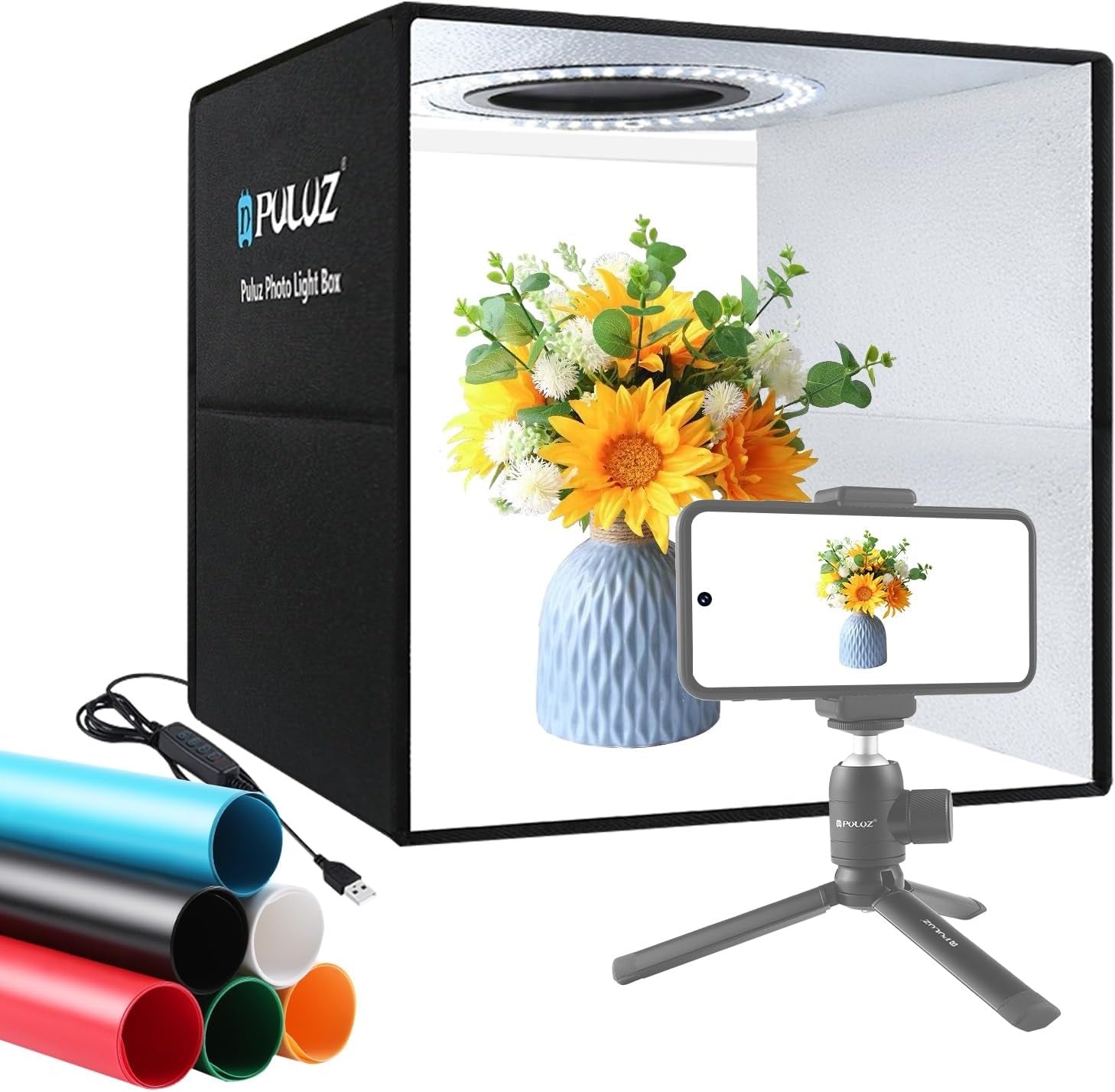 Folding Portable Ring Light with a portable photo studio box for professional photography setups