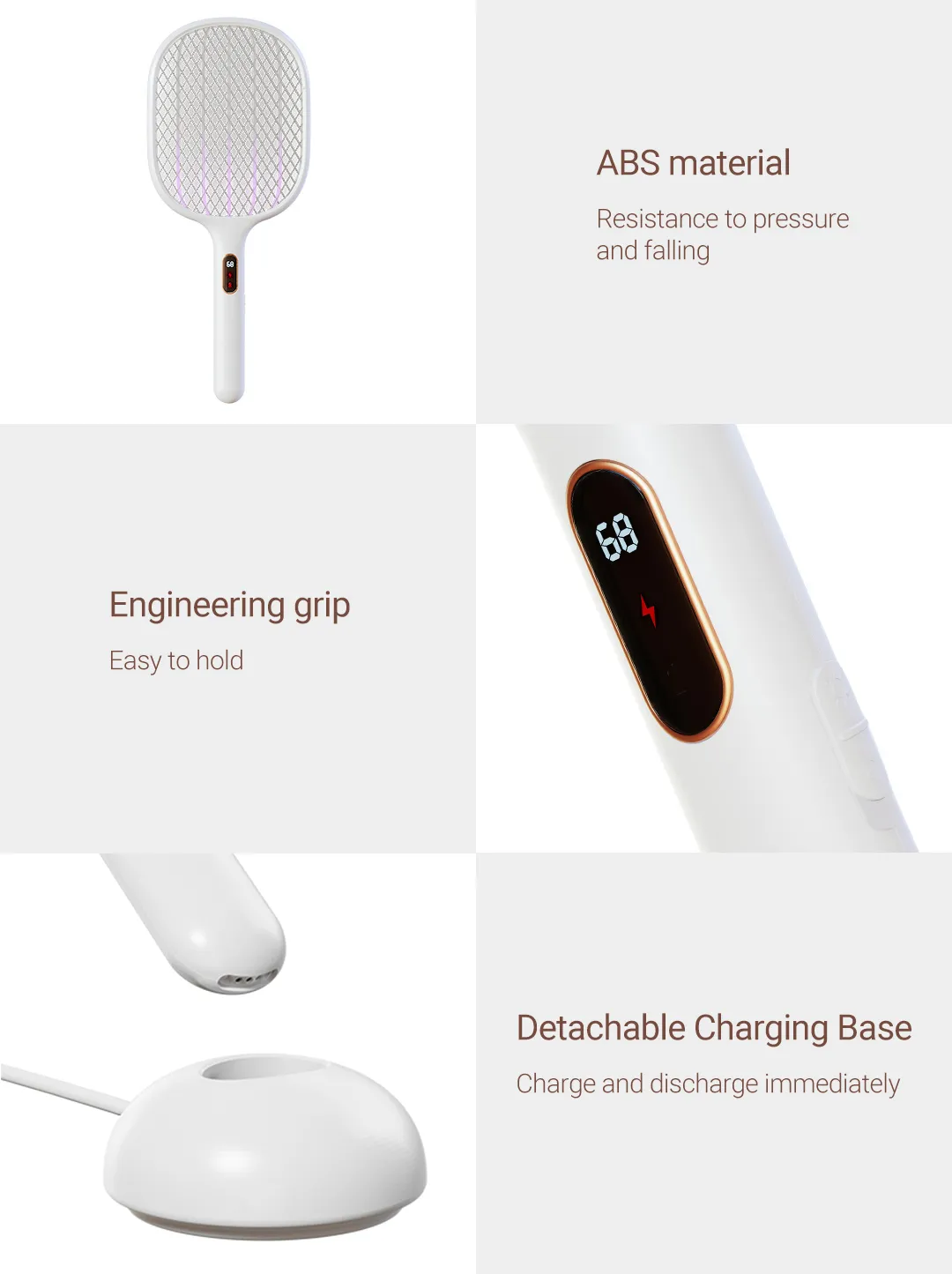Rechargeable Mosquito Swatter 2000mAh with engineering grip and detachable charging base