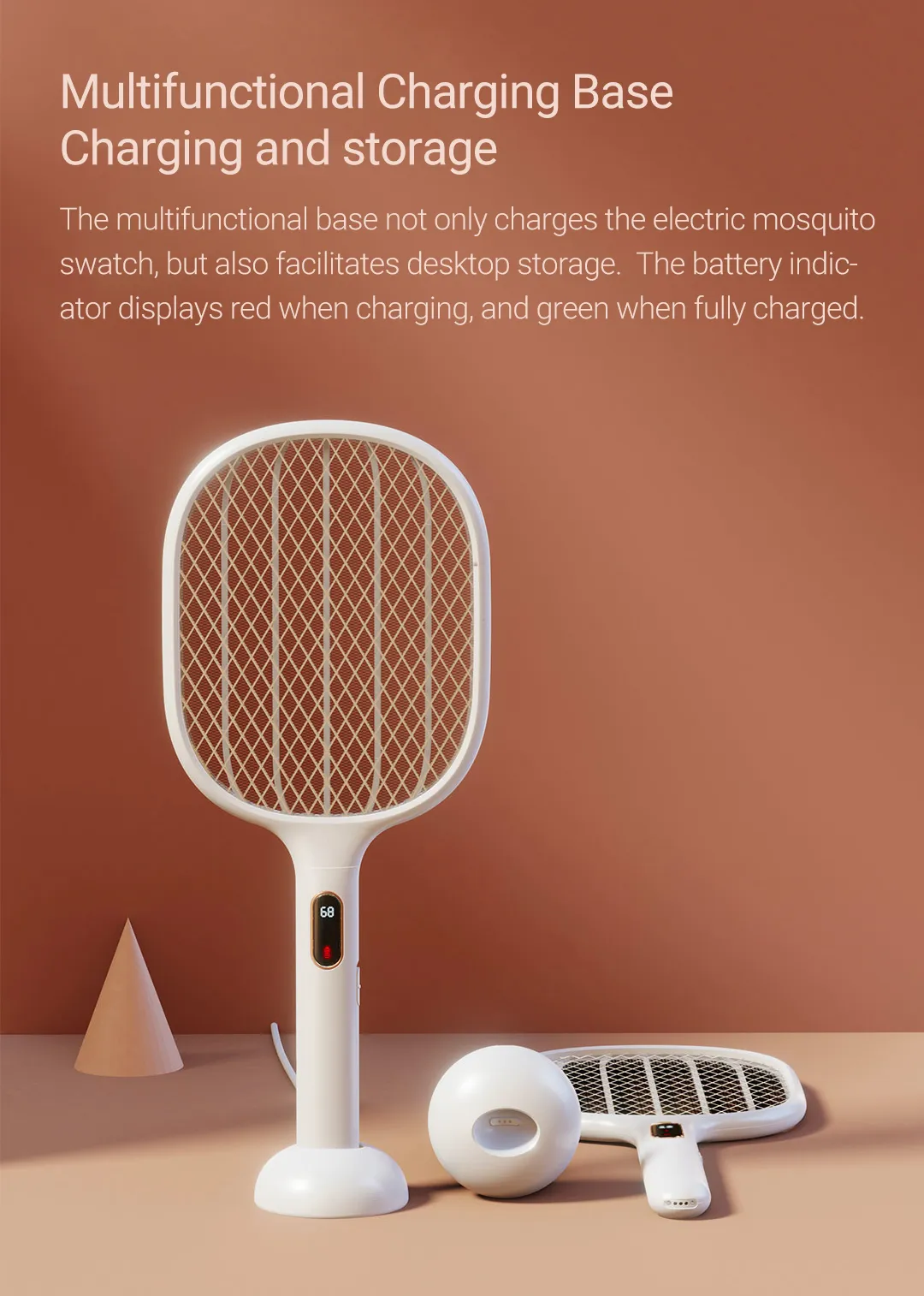 Rechargeable Mosquito Swatter 2000mAh with multifunctional charging base for easy storage