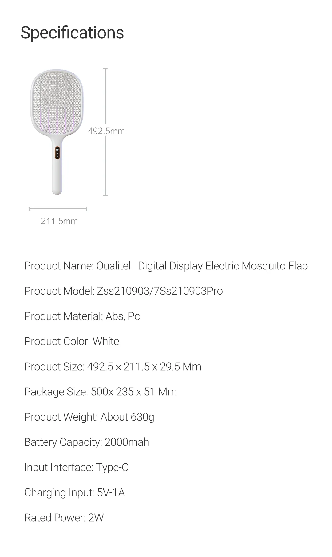 Qualitell Rechargeable Mosquito Swatter 2000mAh with Digital Display for Effective Insect Control