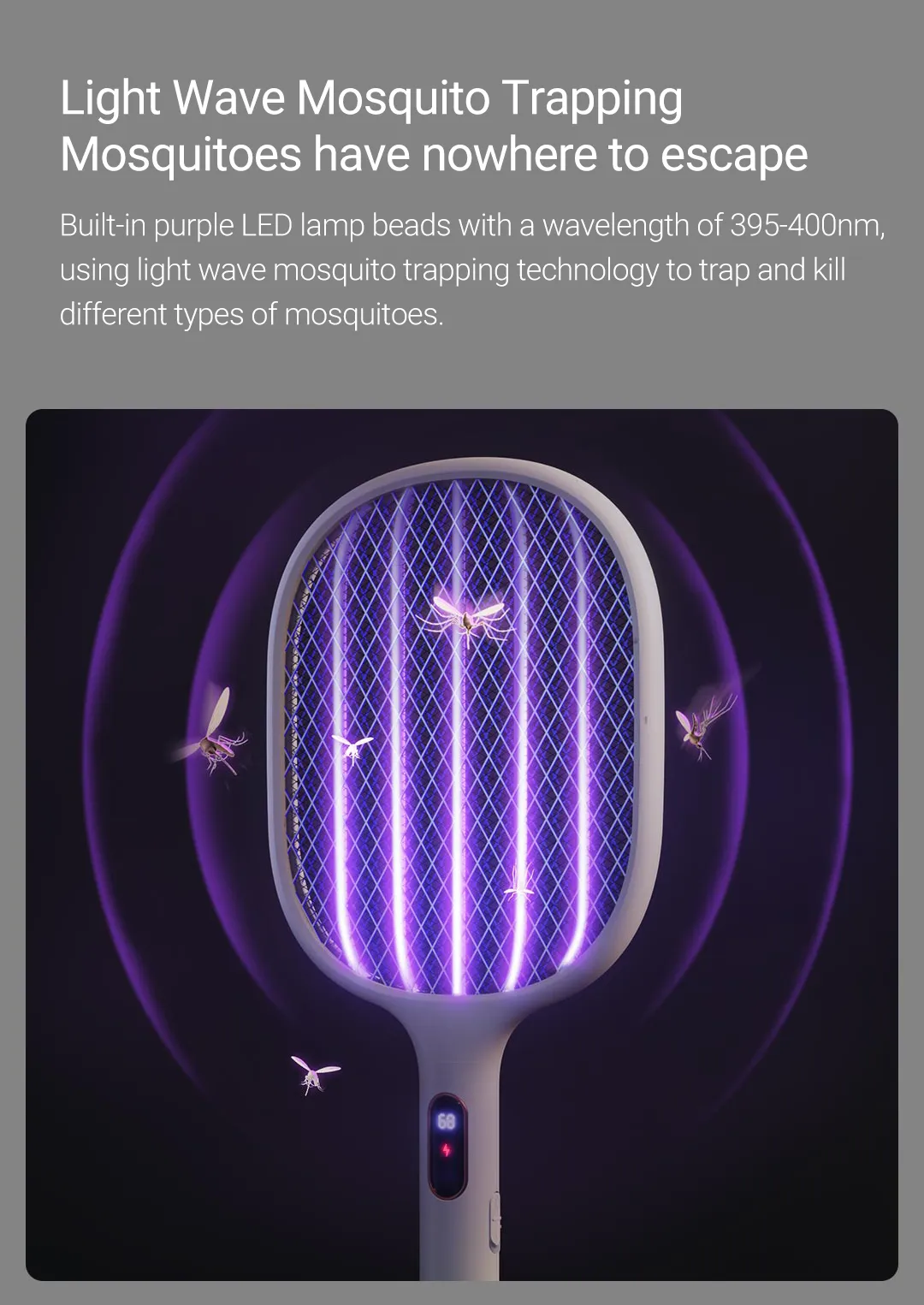 Rechargeable Mosquito Swatter 2000mAh with built-in purple LED lamp for effective mosquito trapping