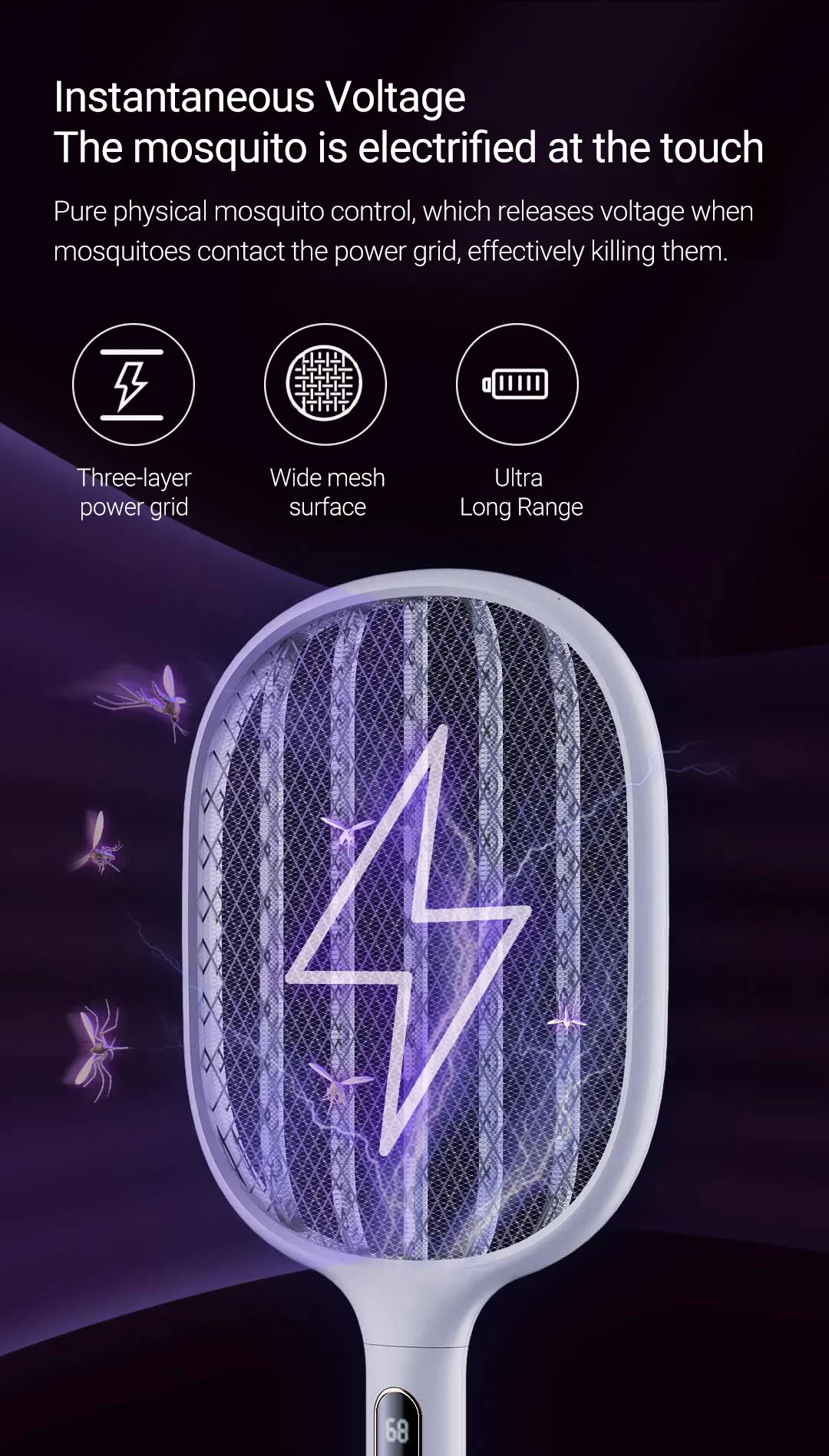 Rechargeable Mosquito Swatter 2000mAh for effective mosquito control with instant voltage release