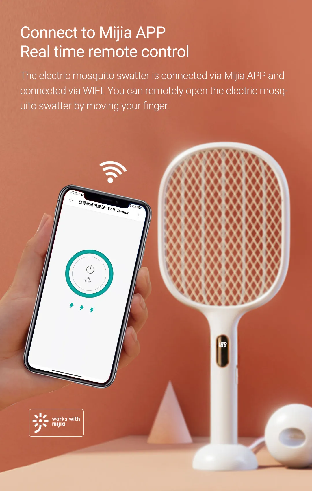 Rechargeable Mosquito Swatter 2000mAh showing connectivity with Mijia app for remote control